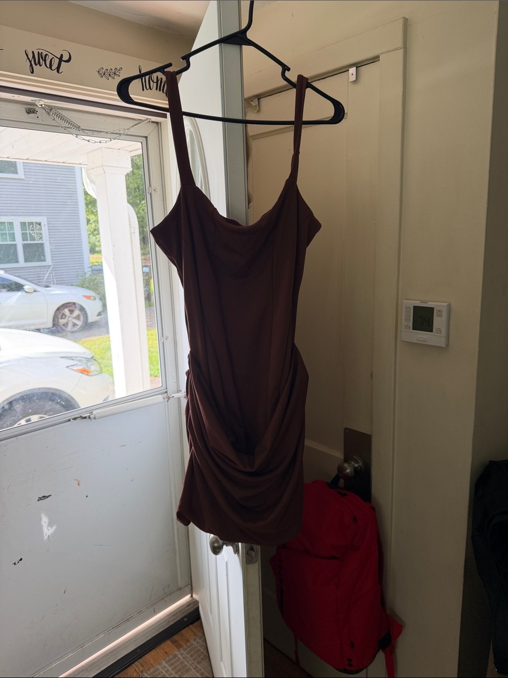 Brown Draped Cowl Neck Spaghetti Strap Dress